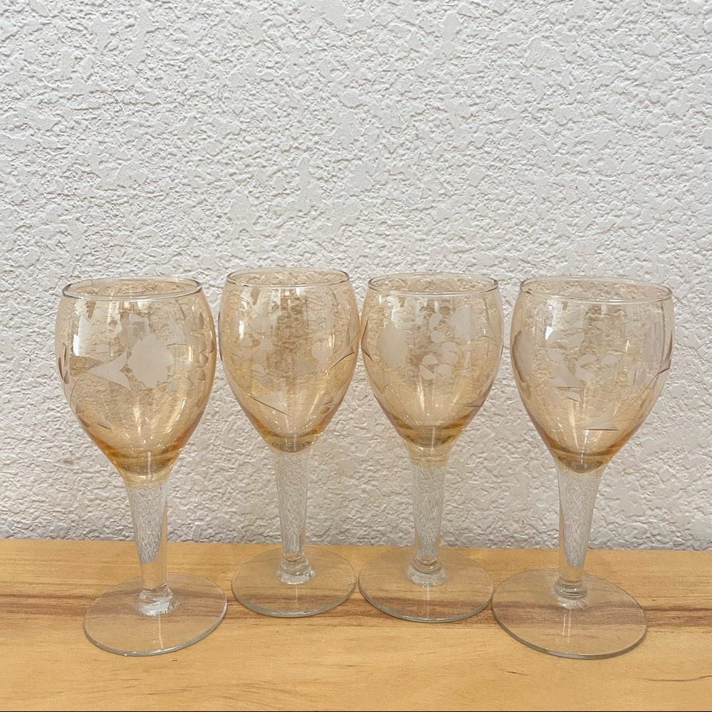 Vintage MCM Amber Etched Glass Flower Stemware Small Wine Glass Set of 4